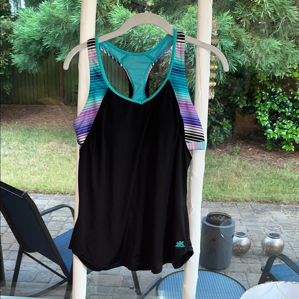 Women's Black and Multicolor Athletic/Swimming Tank Top